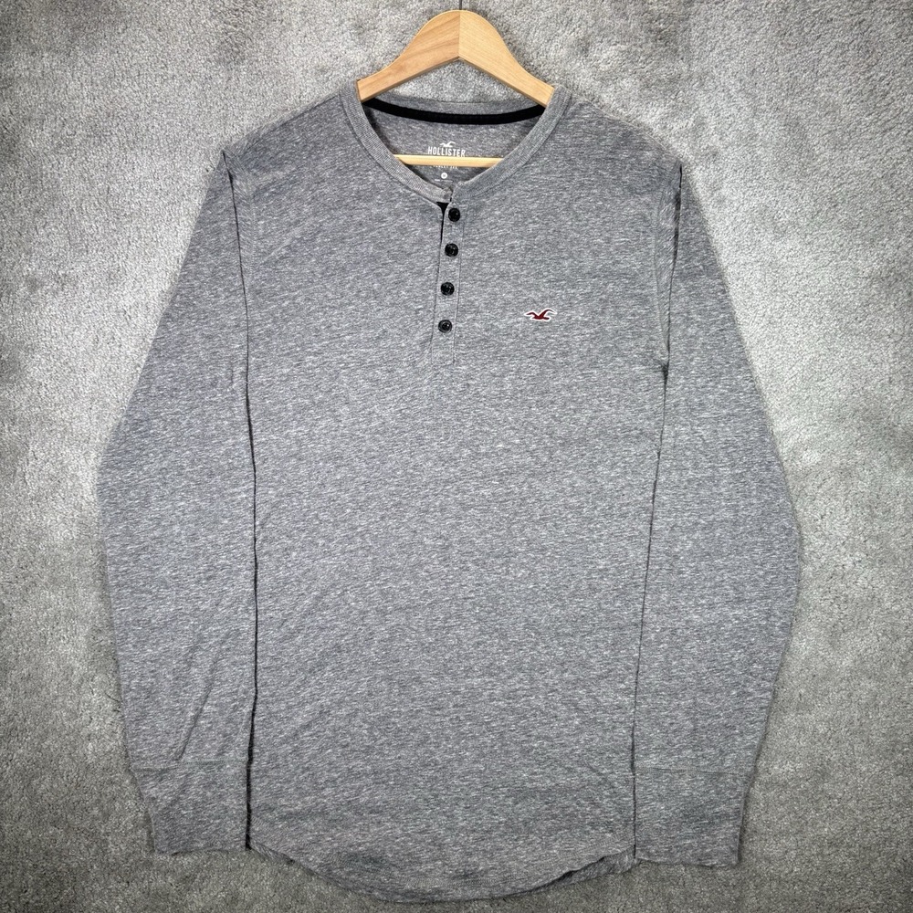 Hollister Henley Shirt Mens M Gray Knit Long Sleeve Embroidered Logo Surf